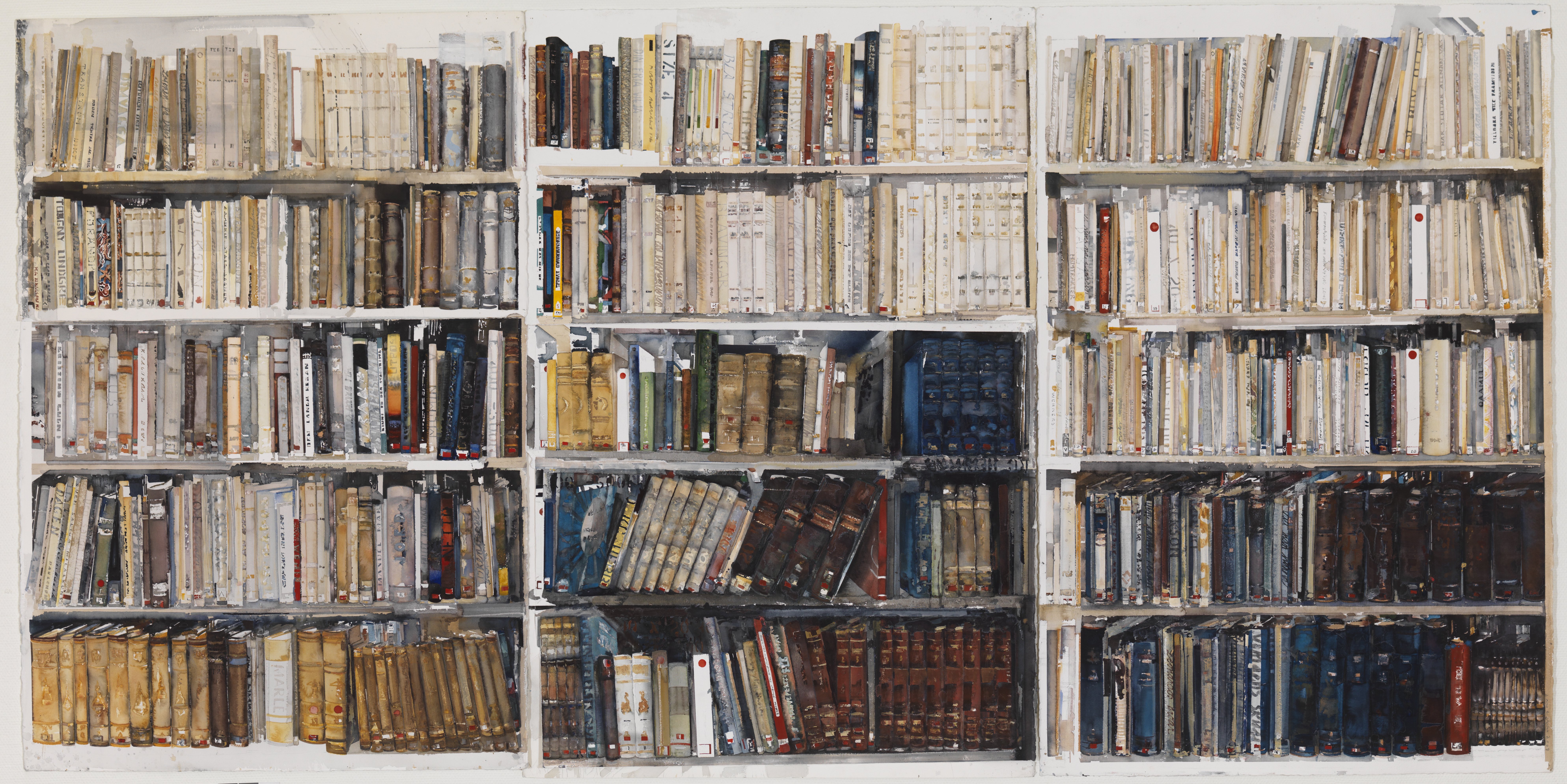 Tavla av ett bibliotek i akvarell av Lars Lerin, utställd på Liljevalchs.